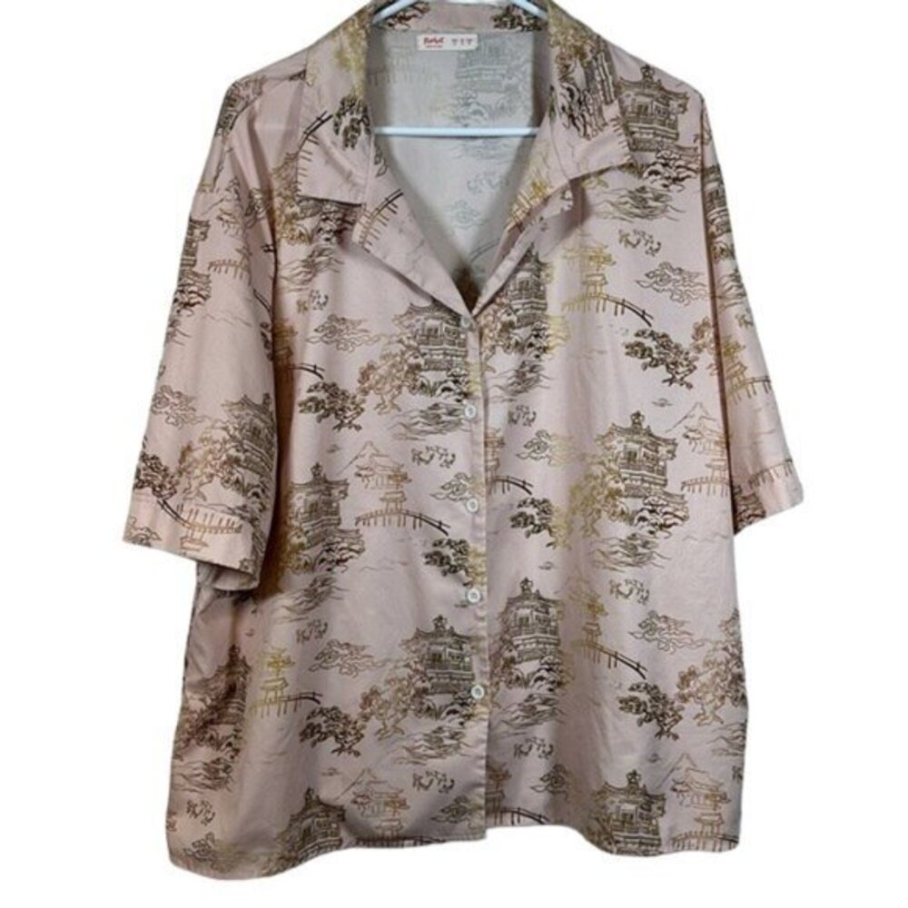 Japan ROMWE Pink Japanese Koi Fish Pink Gold Blouse Size 12 EUC #1333-LA